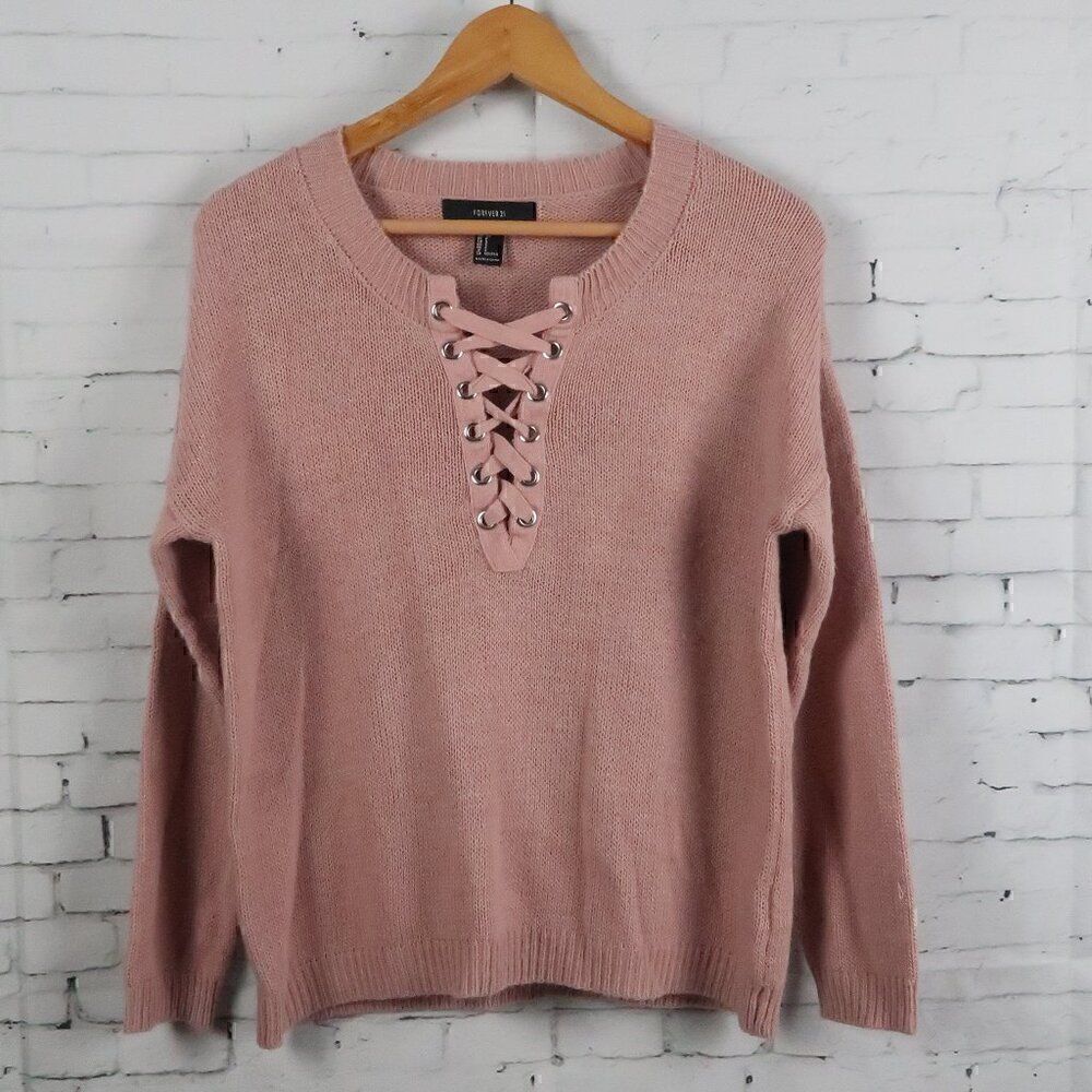 FOREVER 21 DUSTY ROSE LONG SLEEVE V NECK SWEATER WITH TIE DETAIL SIZE SMALL